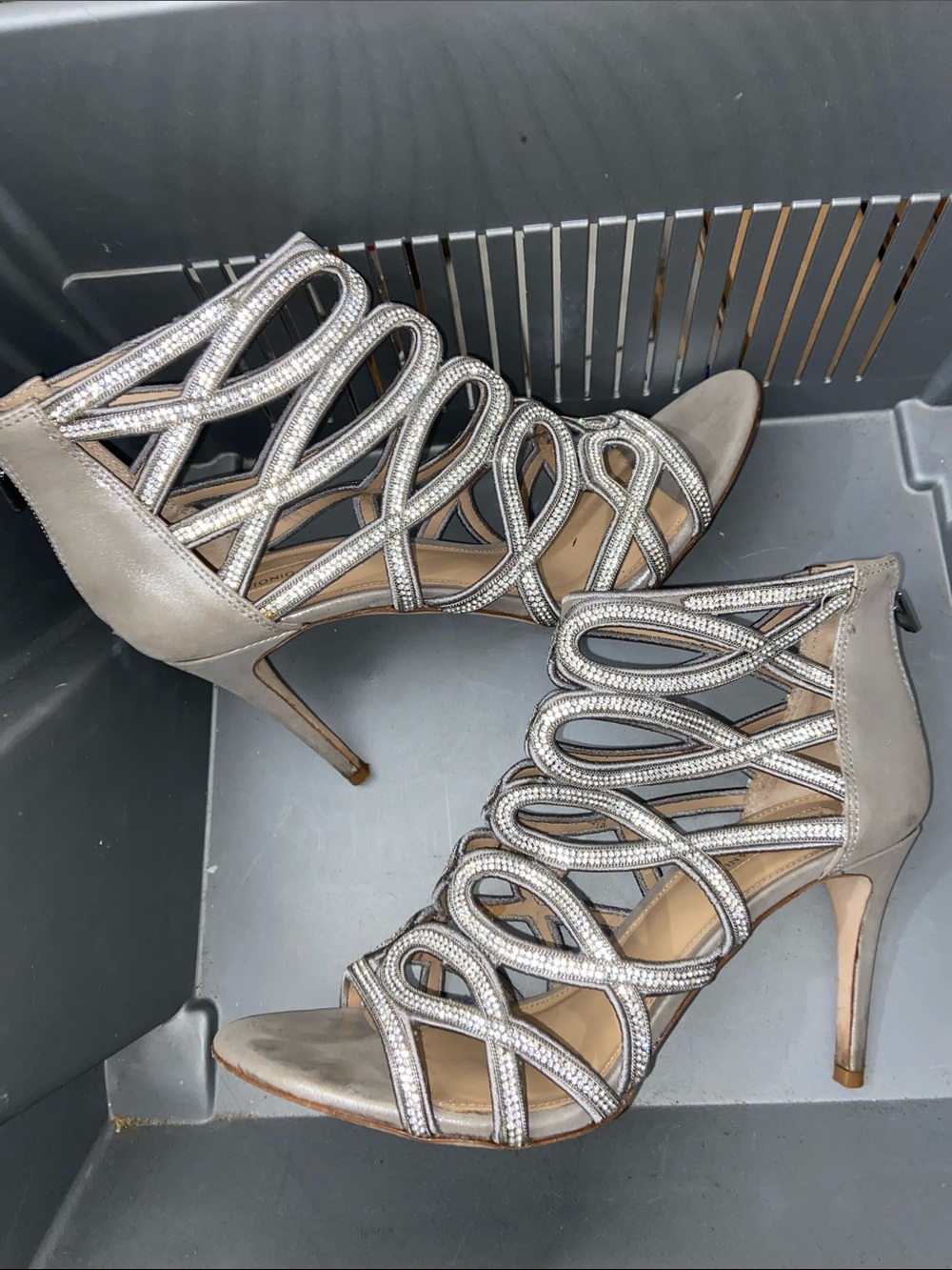 ANTONIO MELANI Silver Rhinestone Strappy Gladiator Heels Leather 10M